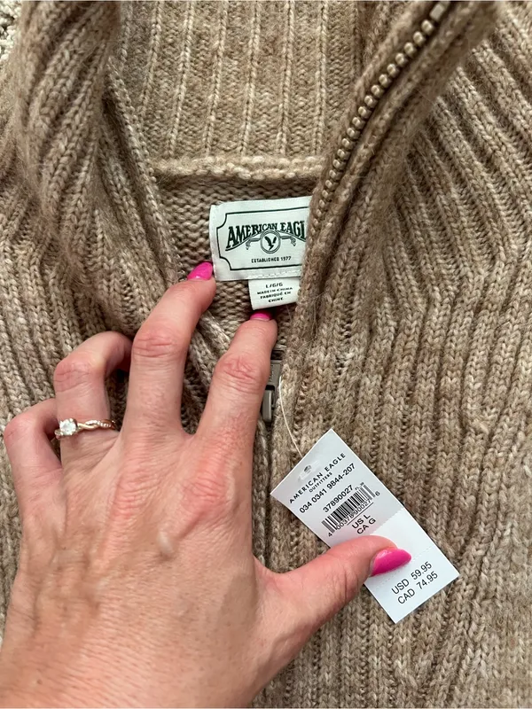 American Eagle Outfitters Cropped Half-Zip Ribbed Mock Neck Sweater - Taupe - Image 4
