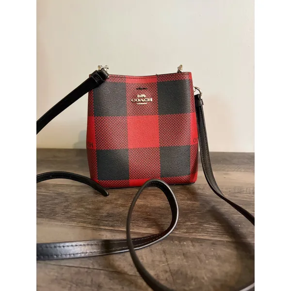 Coach Mini Town Bucket Bag Buffalo Plaid Red Black Crossbody C1548 - Image 2