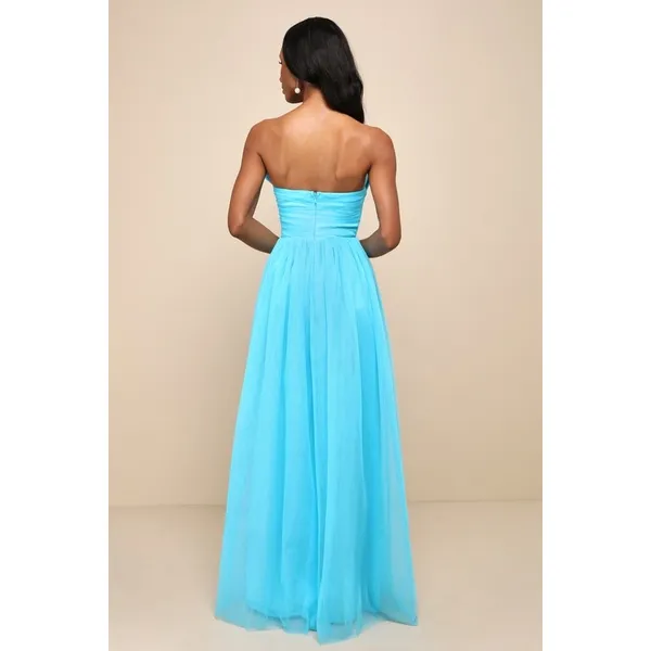NWOT Lulus Undeniably Iconic Teal Blue Tulle Pleated Strapless Maxi Dress Sz XS - Image 3