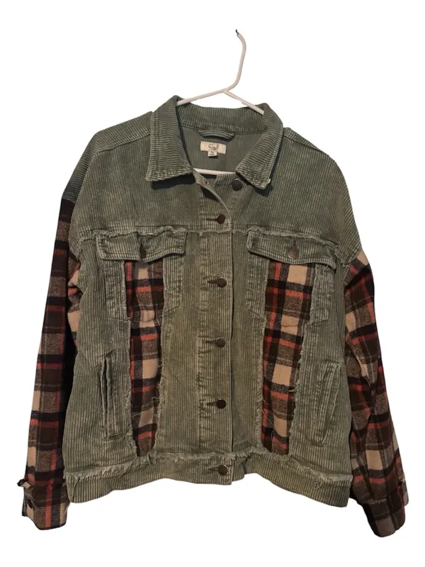 Easel Plaid Panel Contrast Corduroy Trucker Jacket Sage Green Medium - Image 2