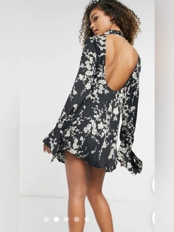 Free People Black Floral Open-Back Long-Sleeve Mini Dress - Image 11