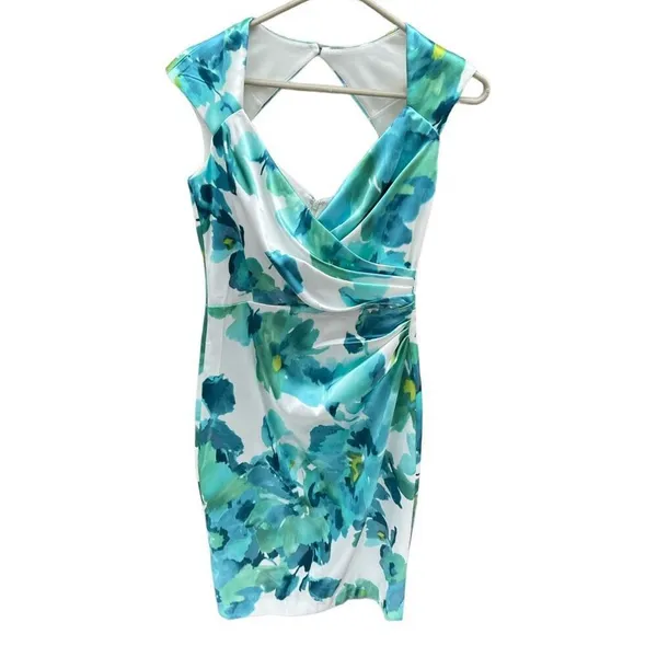 London times size 4 tropical satin faux wrap dress - Image 2