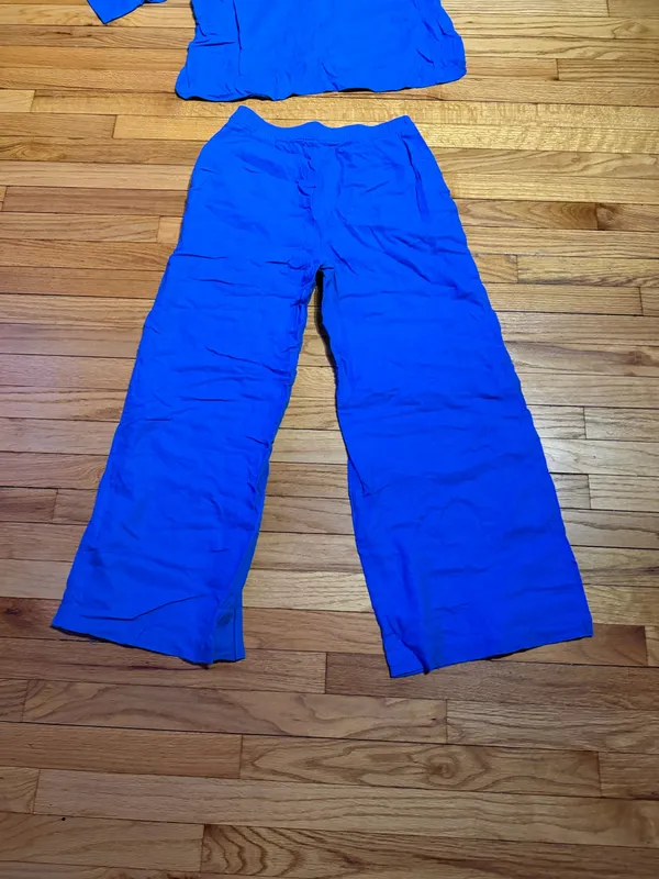 Zara Linen Matching set button shirt Coord wide pant drawstring lounge blue M - Image 8