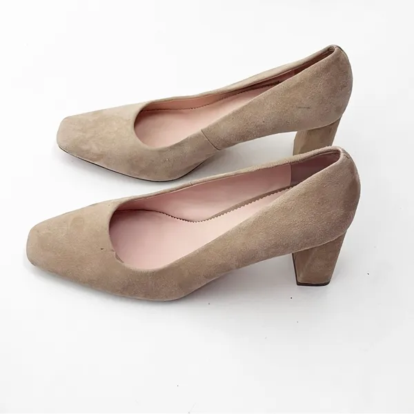 J. CREW Tan Suede Closed Square Toe Slip On Chunky Block Heels 9 Office Neutral - Image 4