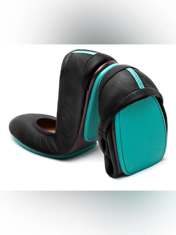 Tieks Matte Black Foldable Leather Ballet Flats Womens Shoes Blue Bottoms 10 - Image 2