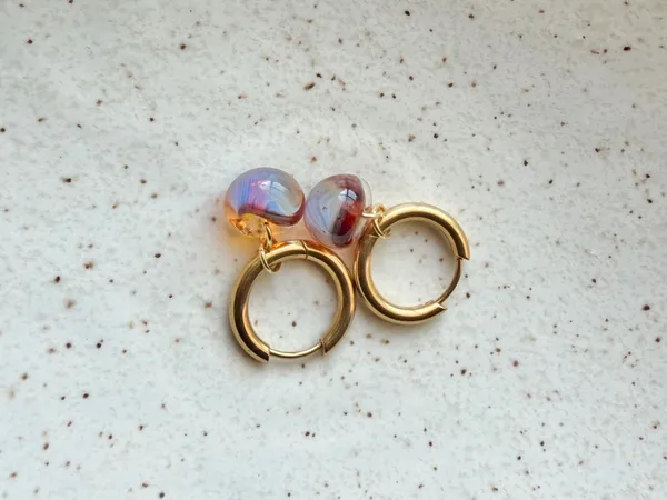 Handmade Japanese magatama quality glass simple minimalist hoop earrings💛 - Image 2