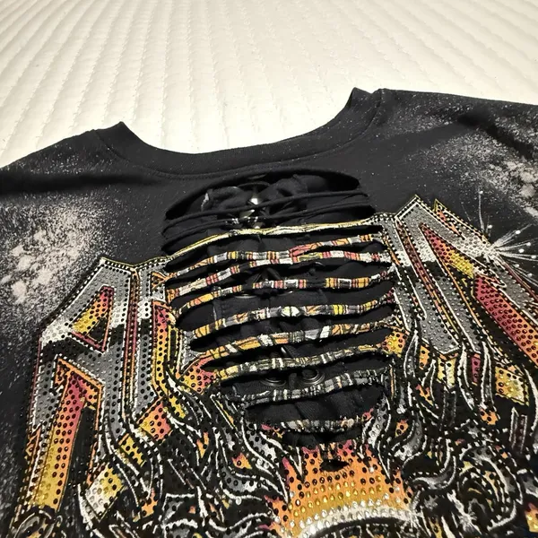 Affliction Black Bleach Wash Rhinestone Chromium Heart T-Shirt Sz L Large - Image 11