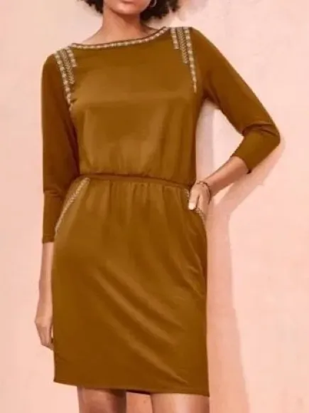 Garnet Hill Knit Dress Womens Small Brown Embroidered Elastic Waist - Image 2