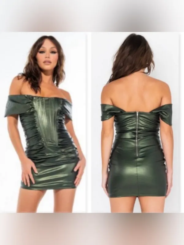 Akira Stay With Me Off Shoulder Faux Leather Mini Dress - Image 2