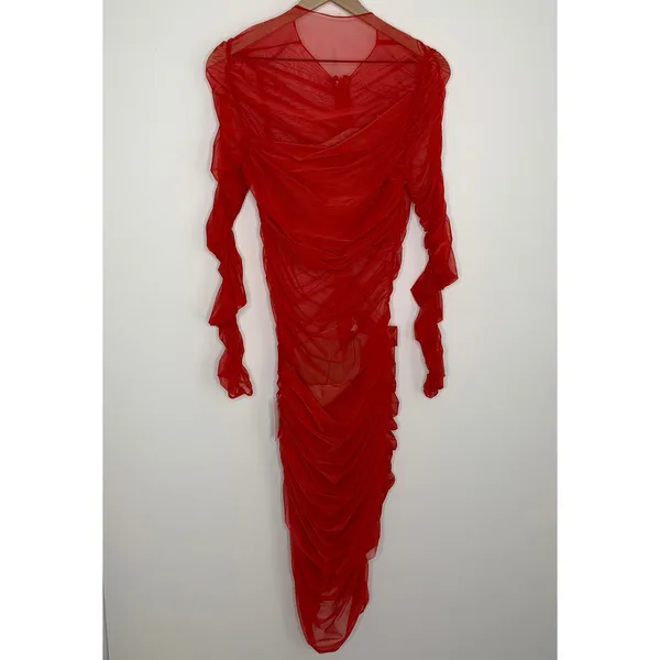 Miss Circle Jimena Red Ruched Mesh Long Sleeve Dress Womens New Medium - Image 2