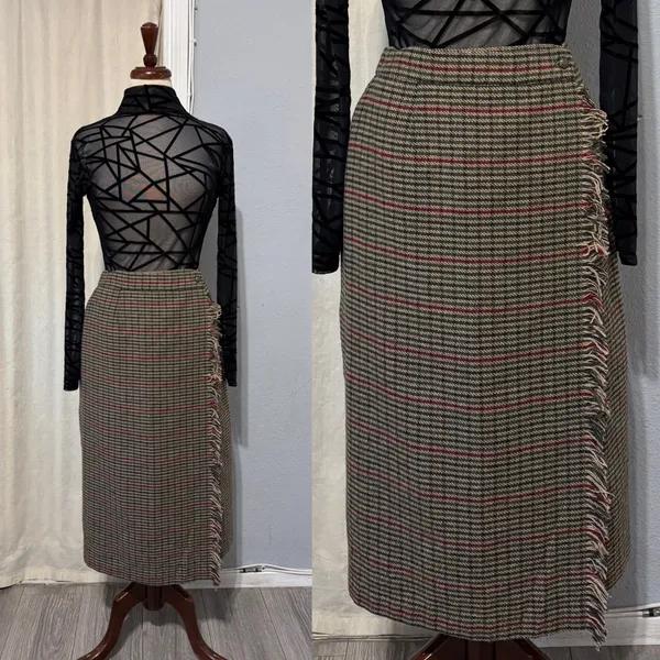 Vintage Luxury Lana Lee‎ Plaid Wool Blend Midi Skirt Sz XS Fringed Hem High Rise - Image 2