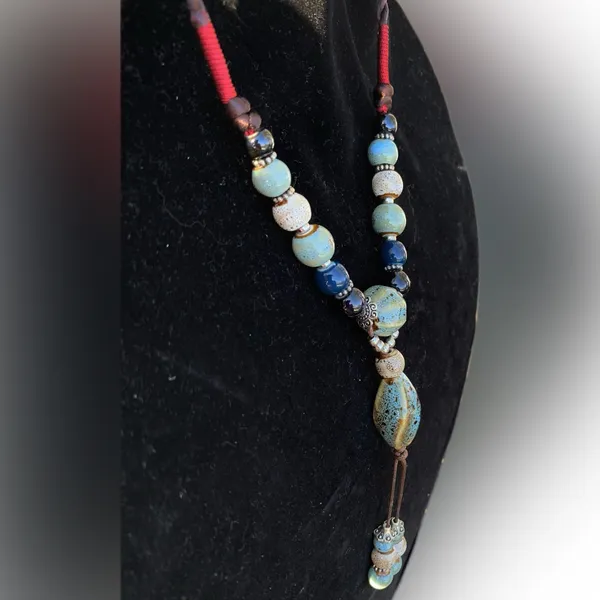 Tahari Elegant Beaded long y-drop Necklace with Blue and Brown Accents 36” - Image 3