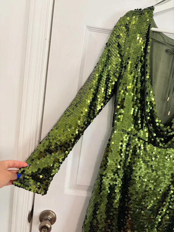 Anthropologie Green Sequin Mini Dress US 4 Party Cocktail Glam Open Back Long Sleeve - Image 11