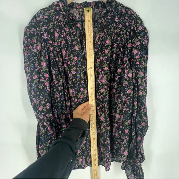 Free People Meant To Be Black Floral Print Full Mutton‎ Sleeve Peasant Blouse M - Image 12