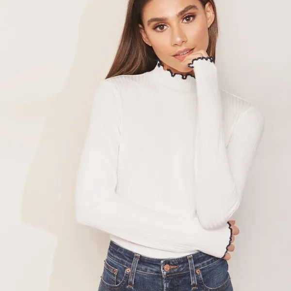 J. Crew Contrast Trim Ribbed Long Sleeve Roll Neck T-Shirt Size XS Maroon K3235 - Image 9