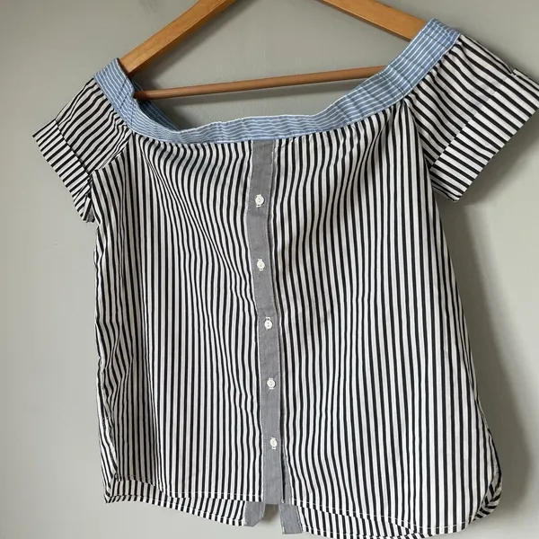 Bailey 44 False Start Short-Sleeve Off-the-Shoulder Shirt Blue Stripes Size 0 - Image 4