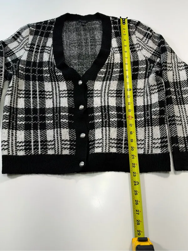 Talbots Black and White Plaid V-Neck Cardigan with Silver Buttons Size Large - Image 3
