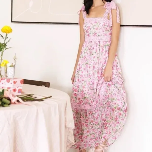 Floral tiered embroidered maxi midi dress garden roses loveshackfancy bow pastel - Image 11