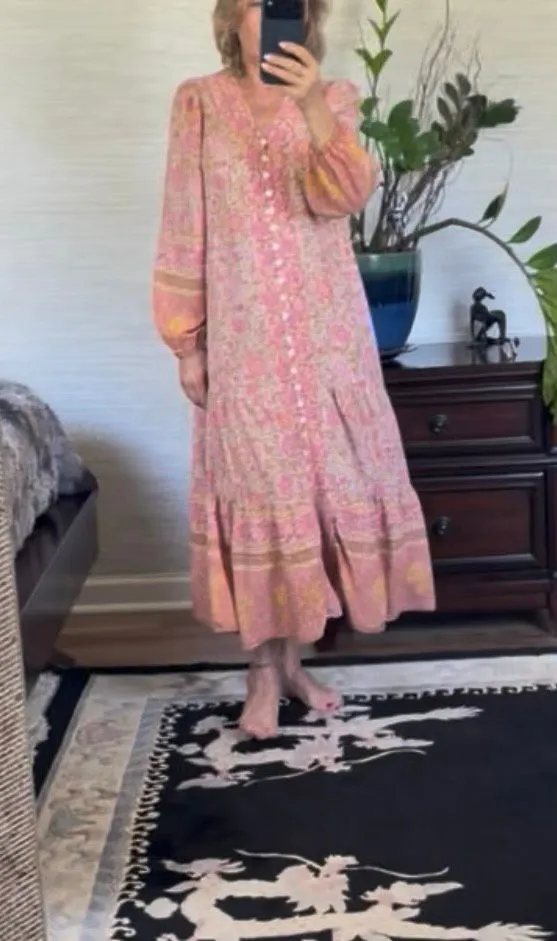 Women’s Boho Floral Maxi Dress Size M Pink Button Front Long Sleeve Rayon - Image 11