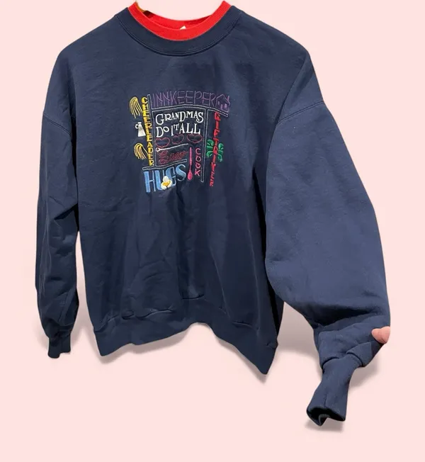 Vintage 80s-90s Grandmas Do It All navy red double neck soft cozy sweatshirt fun - Image 2