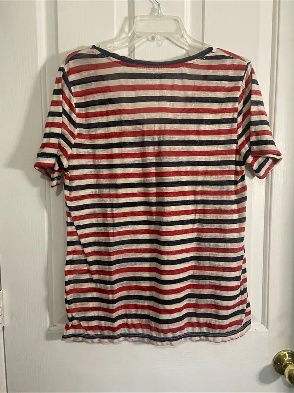 Lucky Brand Red, Navy & White Striped V-Neck Tee - Image 3