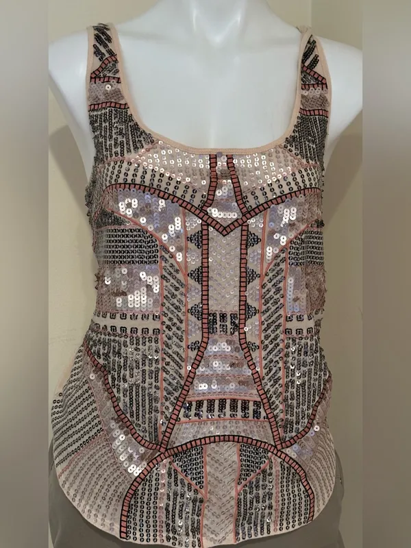 EXPRESS Pink Gray & Champagne,Color Beaded Light Material Camisole Top Sz M - Image 2