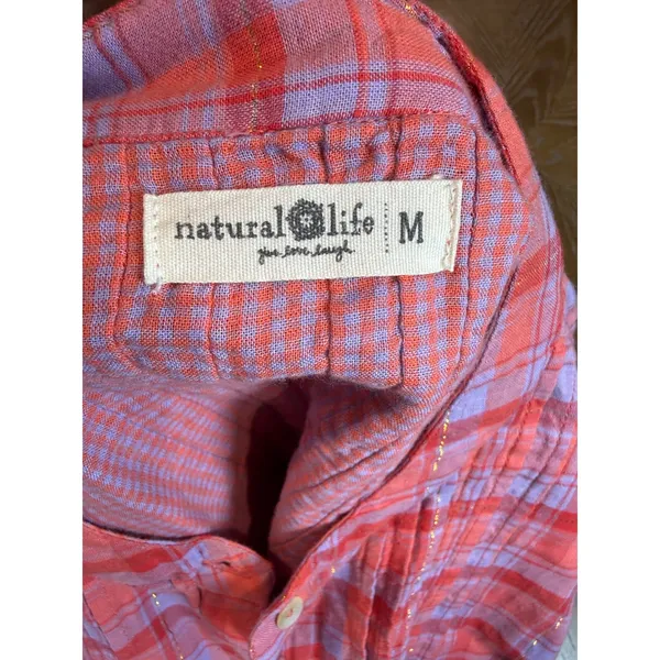 Natural Life Pink Purple Plaid Pintuck Blouse Gold Metallic Cotton Top Medium - Image 5