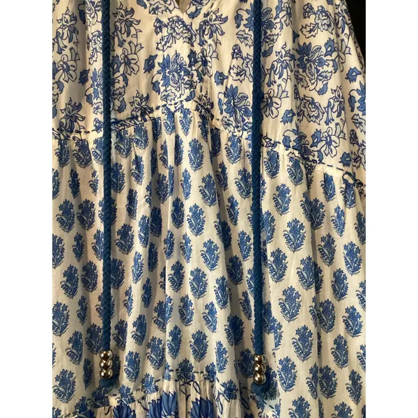 Calypso St Barth Daria Dress M Blue White Block Print Floral Cotton Resort Maxi - Image 9