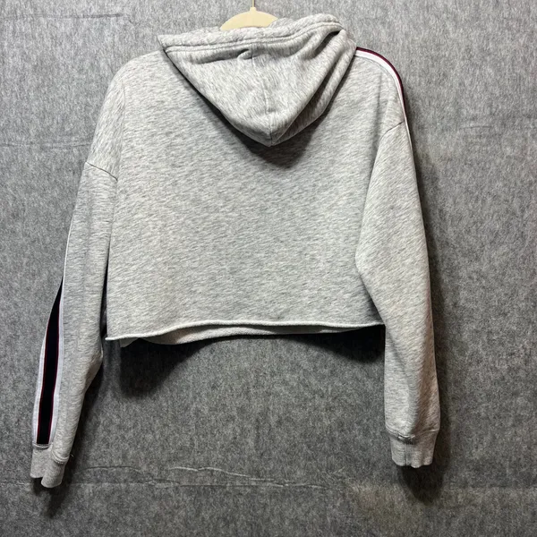 Hollister Crop Hoodie‎ Sweatshirt Striped Sleeve Raw Hem Gray Medium - Image 7