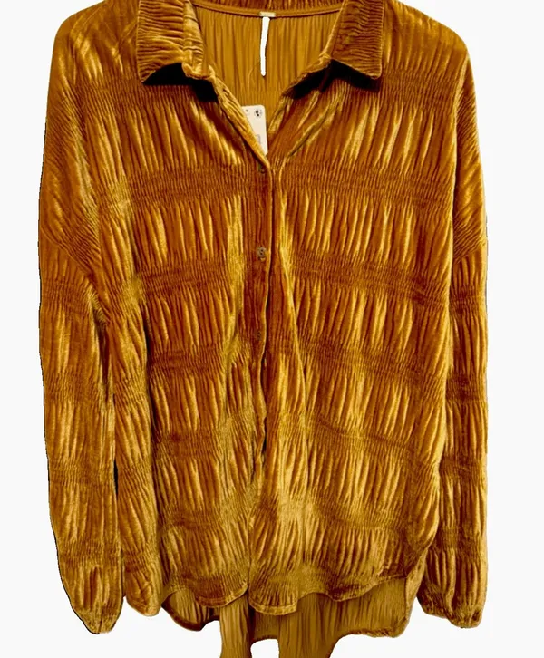 Free People $148 NWT My Best Velvet Blouse Top L/S ginger gold button up M - Image 2
