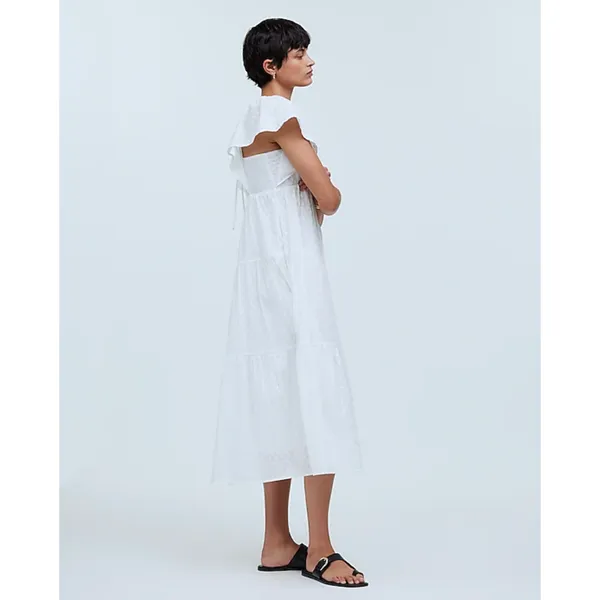 Madewell Tie Back Flutter Sleeve Tiered Midi Dress White Cottagecore US 0 NWT - Image 4