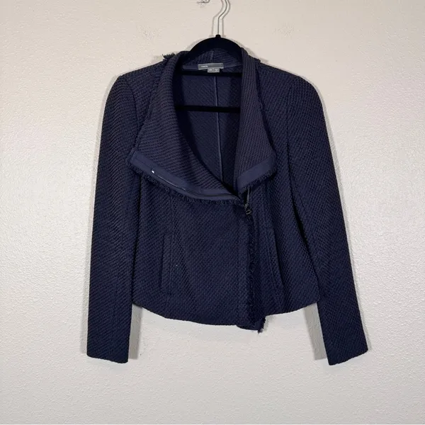 Vince Navy Blue Tweed Asymmetrical Zip Blazer Jacket Womens XS Preppy Classic - Image 12