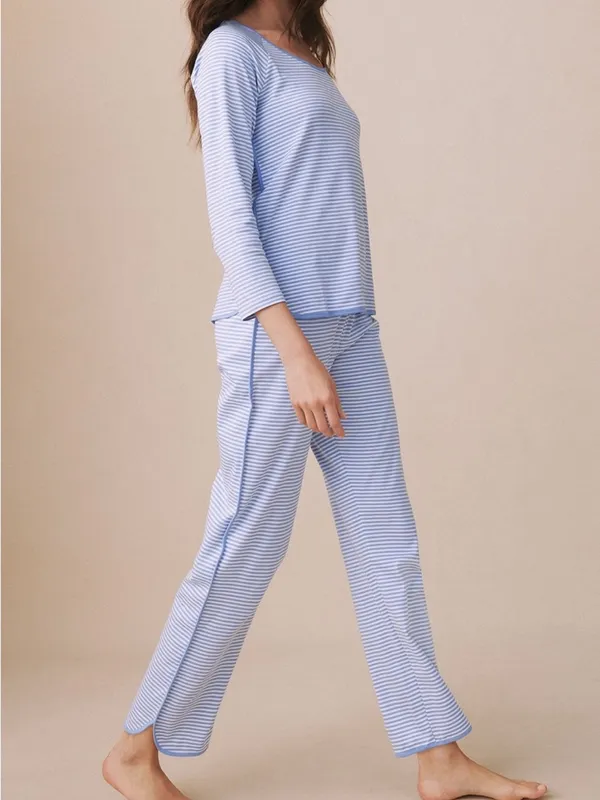 LAKE Pima Cotton Long-Long Pajama Set Hydrangea Preppy Blue Stripe - Image 5