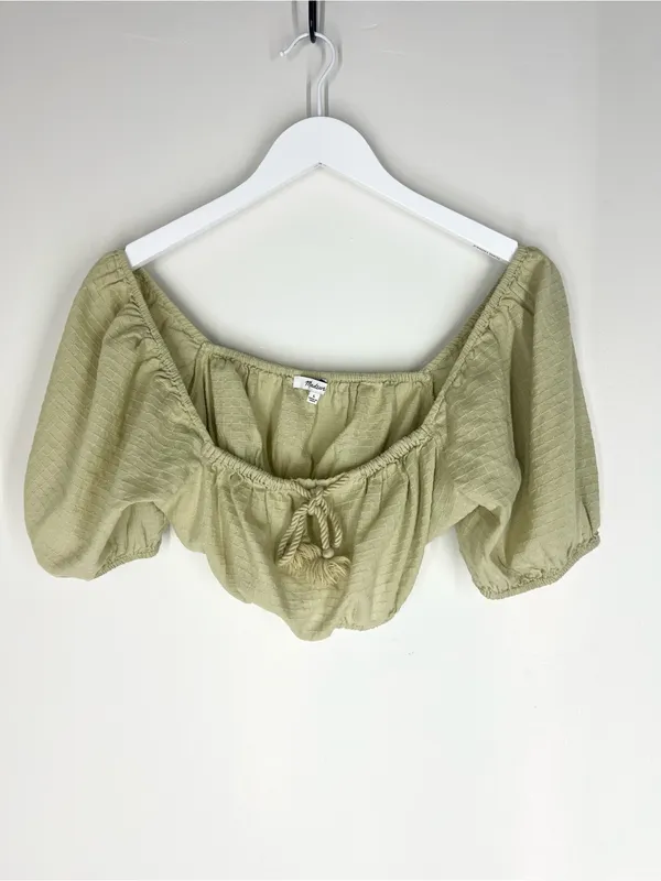 Madewell Olive Green Puff Sleeve Crop Top with Tassel Tie - Image 2