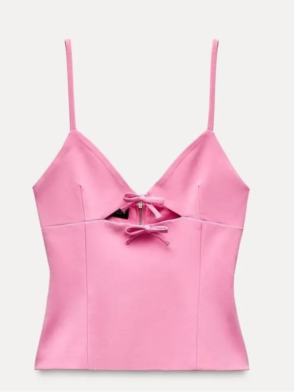 Zara bows top cutout stretch fuchsia barbiecore sleeves vneck bubblegum tank - Image 5