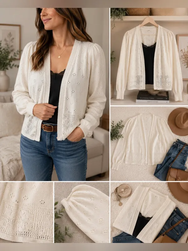 Cream Open Front Eyelet Knit Cardigan Sweater Cottagecore Boho Large - Image 2