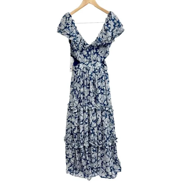 AQUA Blue White Floral Metallic Ruffle Maxi Dress Size Extra Small NWT - Image 3