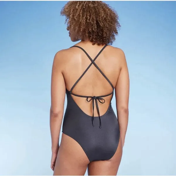 Shade & Shore Women's Medium Navy V-Wire Plunge One Piece Swimsuit NEW - Image 2