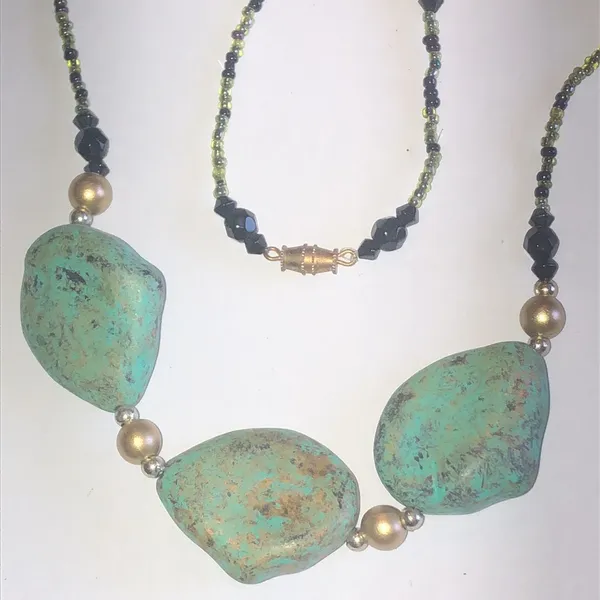 Vintage Turquoise Color and Black Glass Beaded Boho Necklace - Image 2