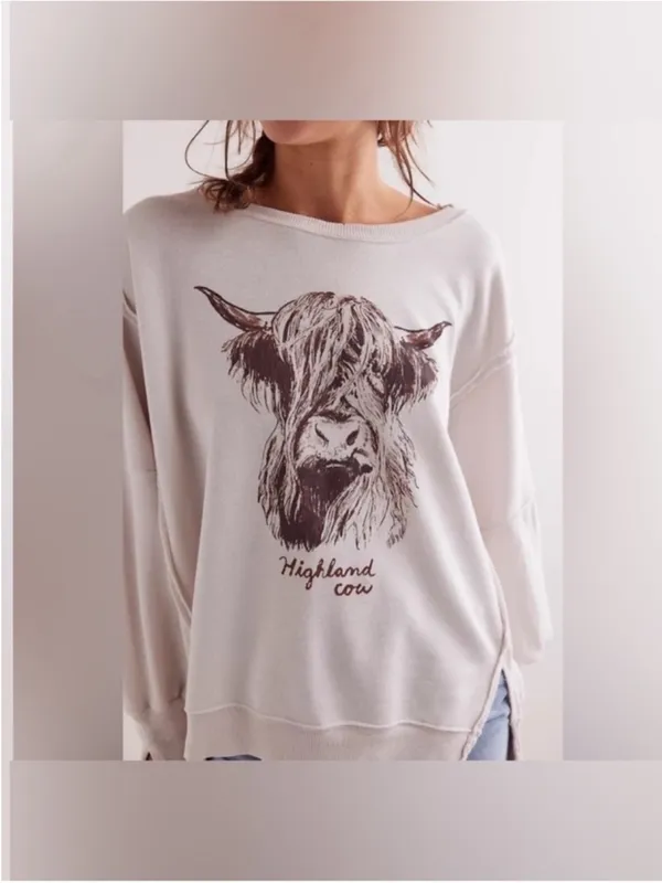 NWOT Free People We The Free Graphic Camden Pullover - highland cow combo - XS - Image 4