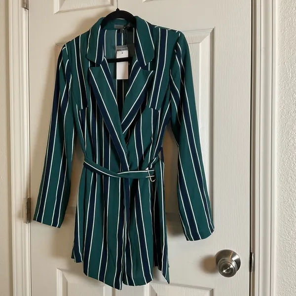 Rules of Etiquette Green & Navy Striped Blazer Romper Size Small NWT - Image 2