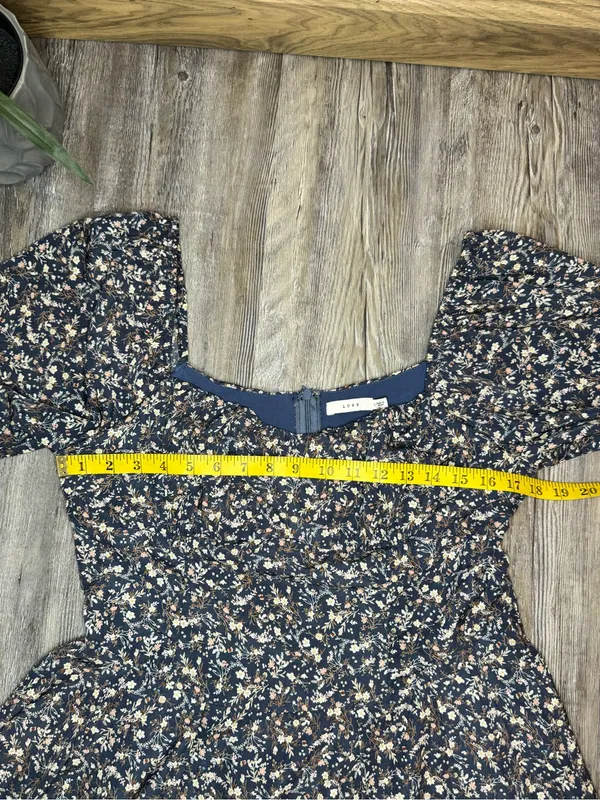 Lush Womens Navy Square Neck Floral Mini Dress Puff Sleeves Elastic Cuff XL - Image 7