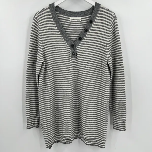 By Anthropologie Sweater Women's Large Serena Striped Button V-Neck‎ Gray Cream - Image 3