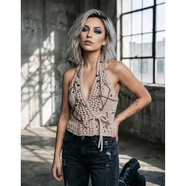 LeRok Vintage Y2K Knit Halter Crop Top Chain & Ring Embellished Beige - Small - Image 4