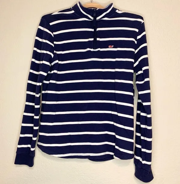 Vineyard Vines Navy Blue and White Stipe Quarter Zip Pullover Sweater Size S - Image 2