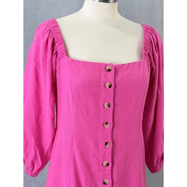L*Space Bright Pink Puff Sleeve Square Neck Button Front Mini Dress‎ M - Image 2