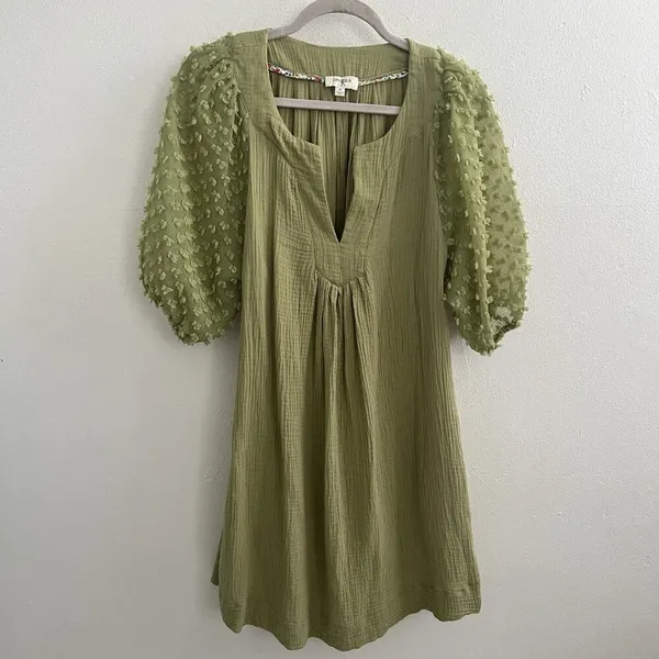 NEW Umgee Olive Green Swiss Dot Mini Dress Puff Sleeve MEDIUM Boho - Image 3