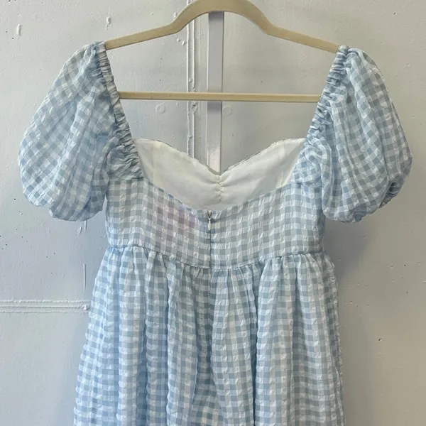 Sugar Thrillz Dolls Kill‎ Mini Dress Gingham Plaid Puff Sleeve XS A-line Blue - Image 4