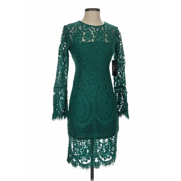 Lulus Enrapturing Elegance Green Lace Long Sleeve Midi Dress Bell Sleeve XS - Image 4