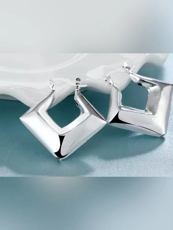 .925 Sterling Silver Geometric Hoop Earrings - Silver - Image 3